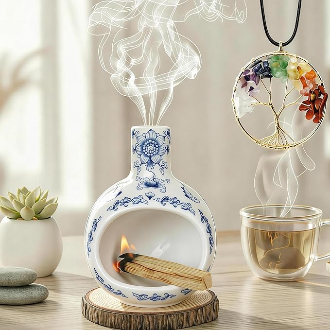 Blue and White Porcelain Palo Santo Holder & Ceramic Incense Burner, Handcrafted Mini Chimney with Tree of Life 7 Chakra Stones Pendant, Ash Catcher for Sage & Cones, Yoga Meditation Gift Set