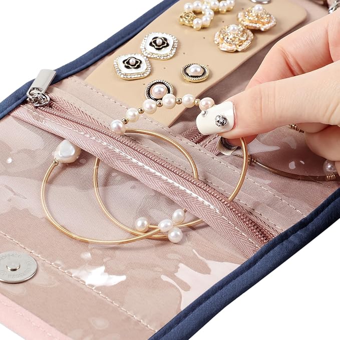 BELALIFE Travel Jewelry Case Organizer, Small Foldable Storage Roll for Earrings, Necklaces, Rings, Bracelets, Brooches, Blue-Gray | Bag with foldable roll design for earrings, necklaces, rings, bracelets and brooches,Blue-Grey