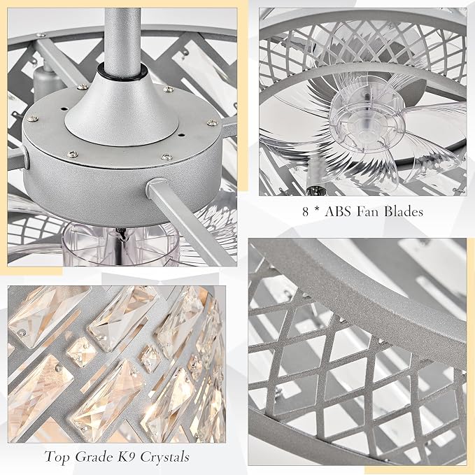 CATINER 18.5" Crystal Caged Bladeless Ceiling Fan with Light, Remote Control, Silent 6-Speed Reversible Motor – Modern Enclosed Ceiling Fan for Bedroom, Kitchen, Living Room (Silver)
