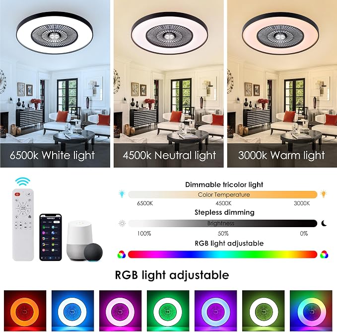 24" Bladeless Ceiling Fans with Lights and Remote/APP/Voice Control, Low Profile Ceiling Fan with RGB Lights, Enclosed Flush Mount Ceiling Fan for Kid's Bedroom/Living Room