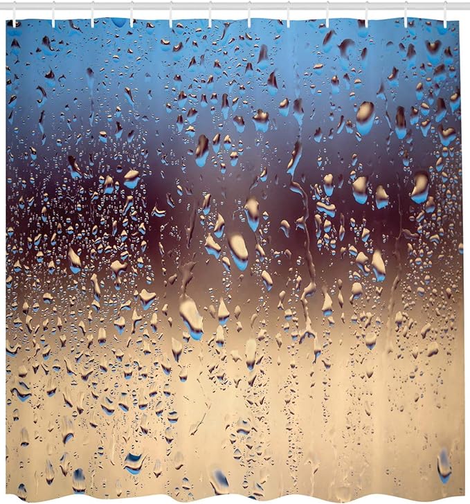 Ambesonne Rain Shower Curtain, Close up Rain Drops on Glass Natural Sprays Sphere Contrasting Colors Picture, Cloth Fabric Bathroom Decor Set with Hooks, 69" W x 70" L, Blue Tan Brown
