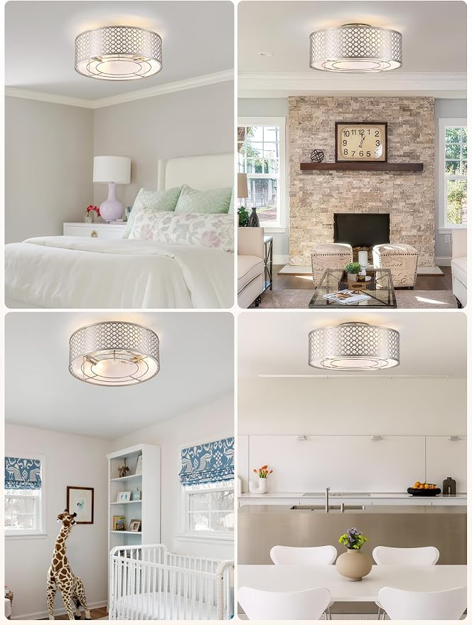 20" Silver Ceiling Fan with Light Flush Mount, Caged Boho Ceiling Fans with Lights Remote Control, Round with 6 Speeds for Bedroom, Nursery, Living Room