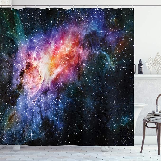 Ambesonne Outer Space Shower Curtain, Deep in Starry Outer Space Nebula and Galaxy in The Universe Celestial Print, Cloth Fabric Bathroom Decor Set with Hooks, 69" W x 75" L, Orange Purple