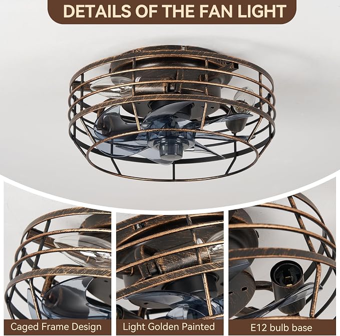 Farmhouse Caged Ceiling Fan with Light, Remote Control Flush Mount Fan Lights Ceiling Fixtures 12 In, 6 Speeds Bladeless Quiet Reversible Motor Indooor Lights for Living Room, Bedroom, Black and Gold