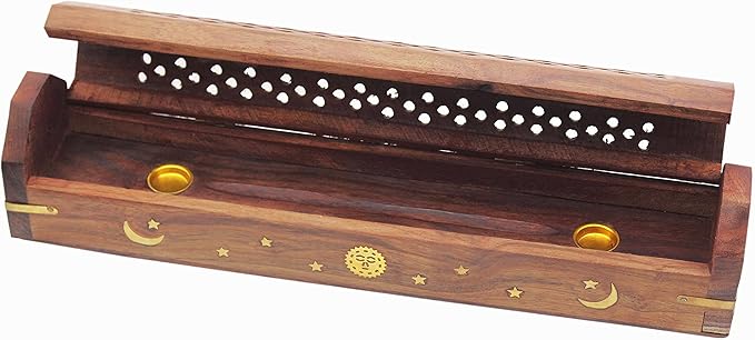 Sheesham Wood Incense Burner - Handmade Coffin Style Sun and Moon Inlay Incense Holder - Aromatherapy Room Freshener Cone Incense Stick Burner Ash Catcher - Zen Home Gift - 12x2x2 - COTTON CRAFT