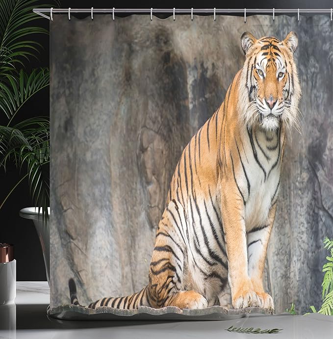 Ambesonne Zoo Shower Curtain, Bengal Tiger Feline Predator Aggressive Hunter Carnivore Africa Savannah, Cloth Fabric Bathroom Decor Set with Hooks, 69" W x 70" L, Pale Brown White Black
