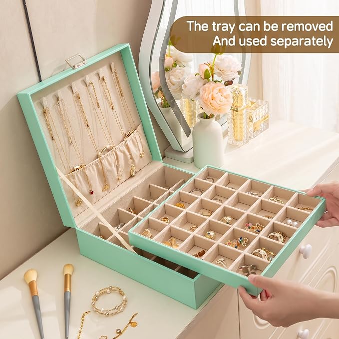Frebeauty 50 Grid Earring Holder Organizer,2 Layer Jewelry Box for Women | Faux Leather,Velvet Lining,Adjustable Divider,Jewelry Organizer for Ring Necklace and Bracelet,for Home Use and Jewelry Store
