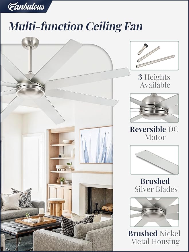65 Inch Ceiling Fans No Light with Remote, Brushed Nickel Indoor/Outdoor Ceiling Fan Without Light with Quiet Reversible DC Motor, 6 Speeds, 8 Blades Large Ceiling Fan for Living Room Bedroom Patio