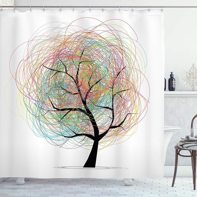 Ambesonne Tree of Life Shower Curtain, Colorful Swirl Doodles Tree with Branches Funky Contemporary Illustration, Cloth Fabric Bathroom Decor Set with Hooks, 69" W x 75" L, Pastel White