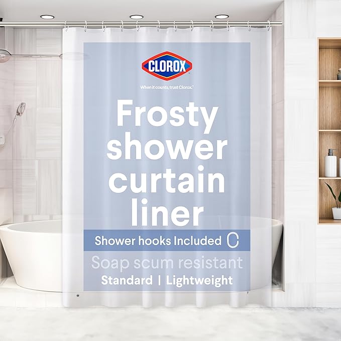 Clorox Shower Curtain Liner & Hooks, Premium Lightweight Flexible Waterproof 4g PEVA for Bathroom with Weighted Magnets, Standard Size 70" x 72", Frosty 1 Pack