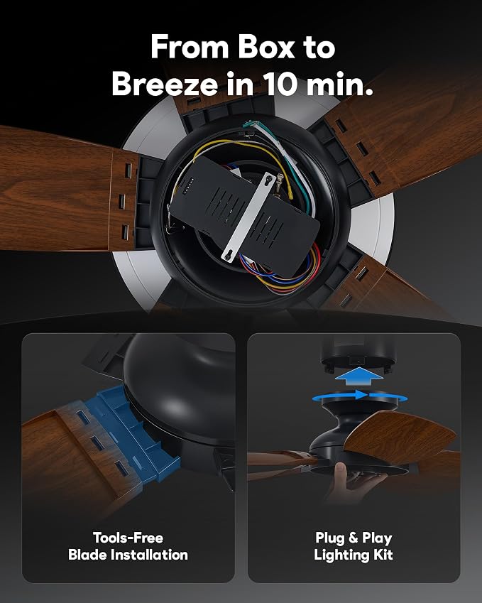 VONLUCE 42 Inch Ceiling Fan with Lights, Quick Install Ceiling Fan and Remote, 6-Speeds Noiseless Reversible DC Motor, 3CCT, Modern Ceiling Fan for Bedroom Living Room Kitchen, Dark Wood Grain