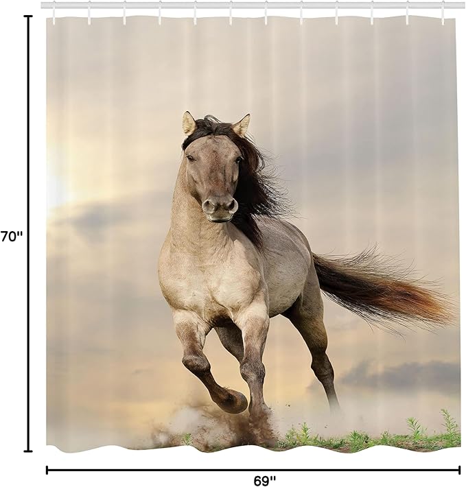 Ambesonne Horses Shower Curtain, Wild Young Stallion Horse Running at Sunset Male Power Muscular Physique Nobility Photo, Cloth Fabric Bathroom Decor Set with Hooks, 69" W x 70" L, Beige