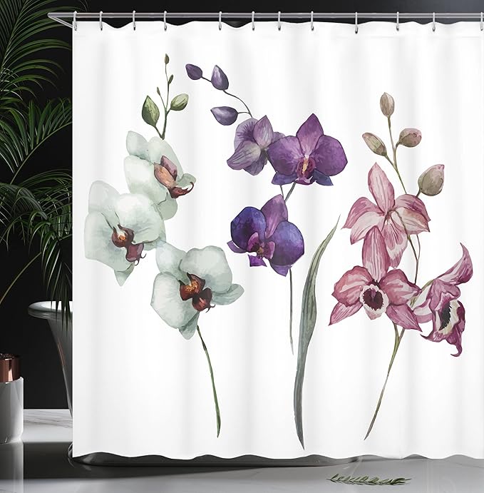 Ambesonne Watercolor Flower Shower Curtain, Different Orchid Flowers on Clear Background Exotic Blooms, Cloth Fabric Bathroom Decor Set with Hooks, 69" W x 70" L, Rose Purple