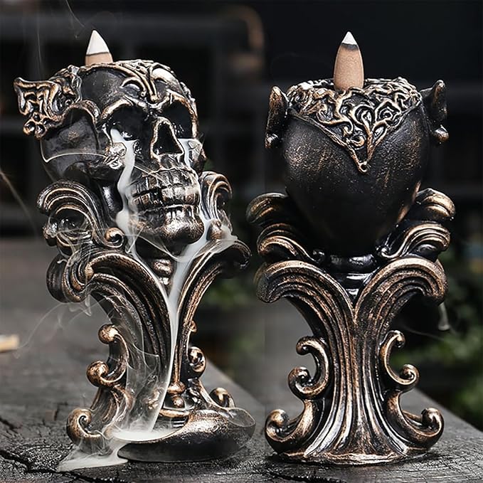 Comeon Backflow Incense Holder Burner Resin Skull Incense Burner Waterfall Incense Burner Home Decor + 20 Backflow Incense Cones + 30 Incense Sticks +1 Tweezer +1 Mat（Metallic Gold）