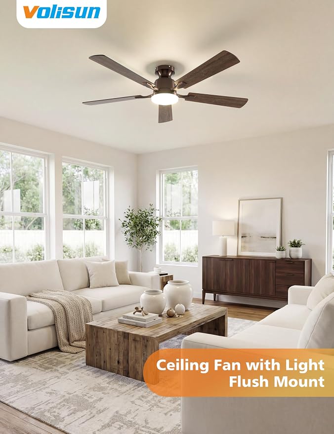 VOLISUN 52 Inch Ceiling Fan with Lights Flush Mount, Low Profile Ceiling Fans with Lights, Remote&APP Control,Dimmable 22W LED Light,Queit&Reversible Fan, Brown Ceilings Fans for Bedroom, Living Room
