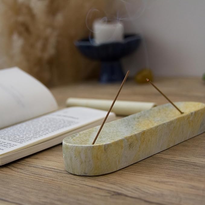 Marble-Patterned Concrete Incense Holder, with A Box of Jasmine Incense, 7.1 Inch Catches Falling Incense Ash, A Poetic and Artistic Gift for Yoga＆Meditation(GreenYellow)