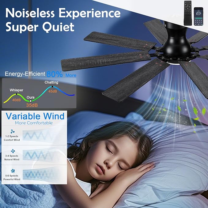 Ceiling Fans with Lights, 54 inch Low Profile Ceiling Fan with Light and Remote Control, Flush Mount Ceiling Fan for Bedroom, Living Room, Reversible, 3CCT, Dimmable, Noiseless DC Motor, Black