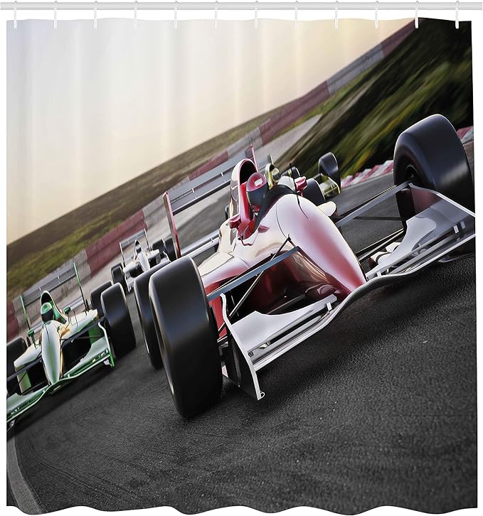 Ambesonne Man Cave Shower Curtain, Speeding Red Race Car Close up Front View on Track Leading The Pack Speedway Image, Cloth Fabric Bathroom Decor Set with Hooks, 69" W x 70" L, Burgundy Grey