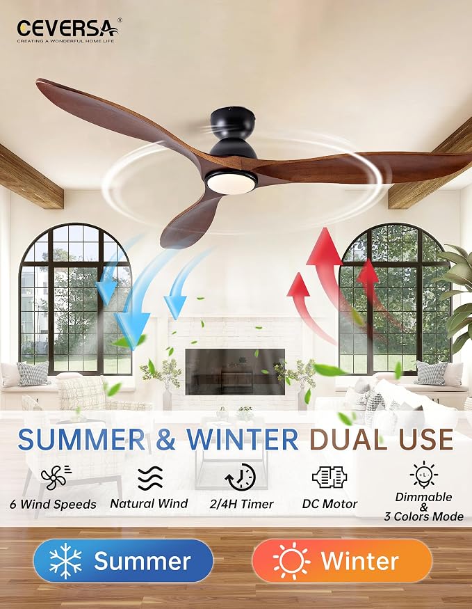 60 Inch Low Profile Ceiling Fans with Lights and Remote, Flush Mount 3 Blade Wood Ceiling Fan,Dimmable,Quiet Noiseless for Patios,Living Room,Bedroom(Wall Control Switch)