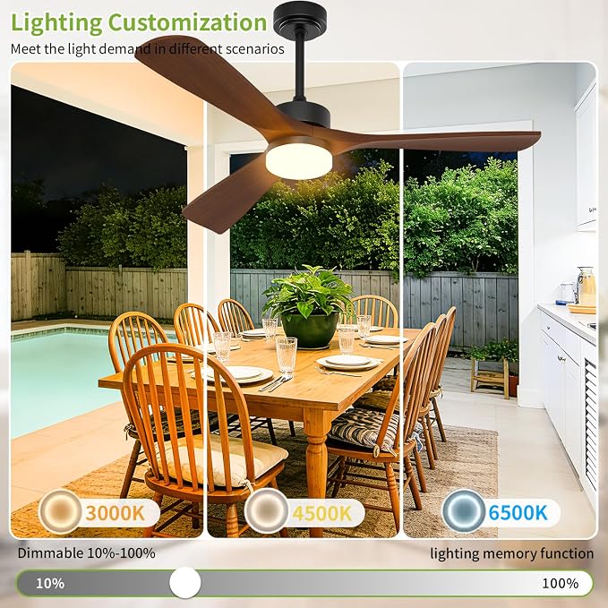 Ceiling Fans with Lights, Solid Wood Blade, 45 W Reversible DC Motor <20 dB Ultra-Quiet for Home Living, 3 CCT, 6 Speeds, 6200 CFM, 52 Inch Suitable for Indoor and Outdoor