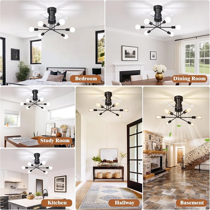 VbiTmn 21.2 Inch Flush Mount Sputnik Ceiling Fan with Lights, 6-Light Black Modern Fandelier, Low Profile Quiet DC Reversible, 6 Speed Remote Control, E26 Base for Bedroom Dining Room