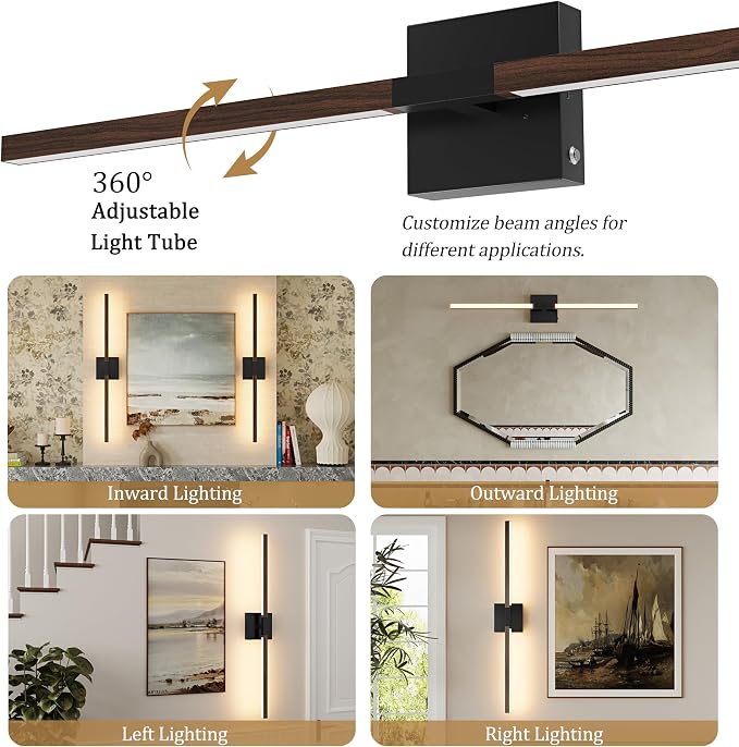 Rayogale Black Walnut Rechargeable Wall Sconce with Remote Control, 24 Inch | 3000/4500/6000K Dimmable 8000mAh Wireless Battery Operated Wall Sconces Set of Two with Timer for Living Room, Bedroom