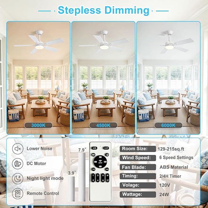 Depuley 42-inch Ceiling Fan with Light: White Ceiling Fan for Living Room Indoor Outdoor - Modern Ceiling Fan with Remote Control 3CCT Dimmable Noiseless 5 Reversible Wood Blades 6 Speeds Timer