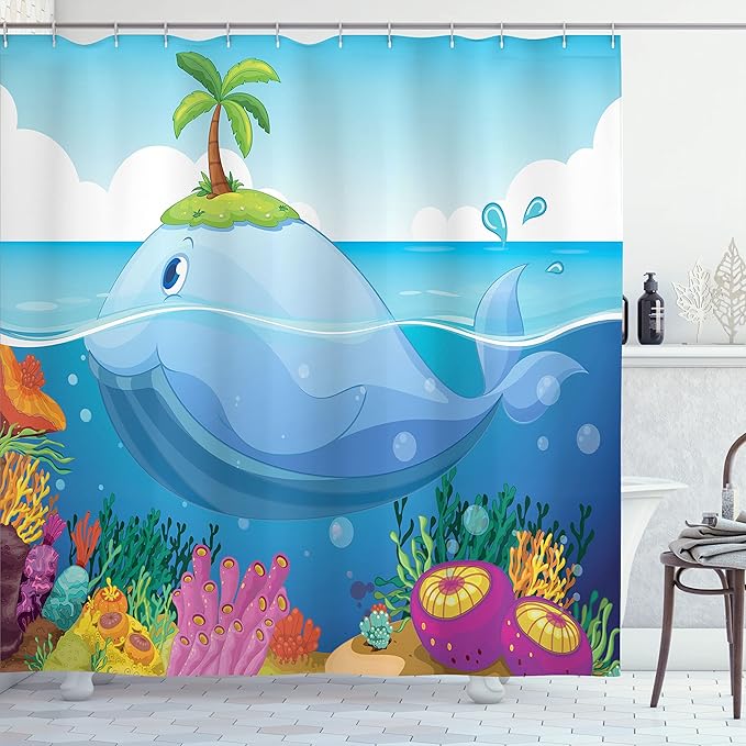 Ambesonne Cartoon Shower Curtain, Dolphin with Tiny Tree on His Head in The Water with Sea Plants Cartoon Art, Cloth Fabric Bathroom Decor Set with Hooks, 69" W x 70" L, Blue Green Purple