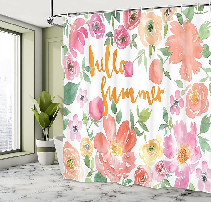 Ambesonne Summer Shower Curtain, Flower Rose Wreath Classic Frame Border with Hello Summer Note Congratulation Event, Cloth Fabric Bathroom Decor Set with Hooks, 69" W x 75" L, Pink Coral