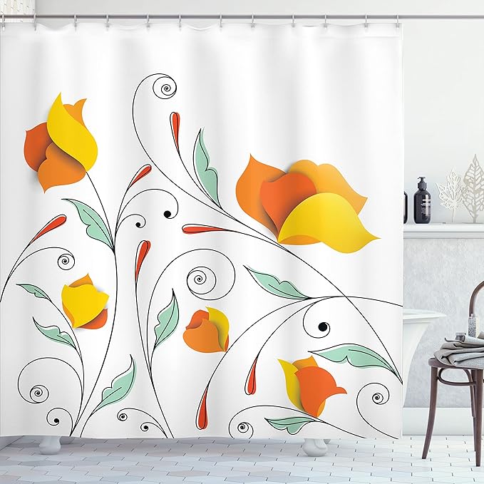 Ambesonne Floral Shower Curtain, Bouquet with Swirled Branches Romantic Paper Flowers Origami Autumn Blooms Image, Cloth Fabric Bathroom Decor Set with Hooks, 69" W x 84" L, Mint Orange