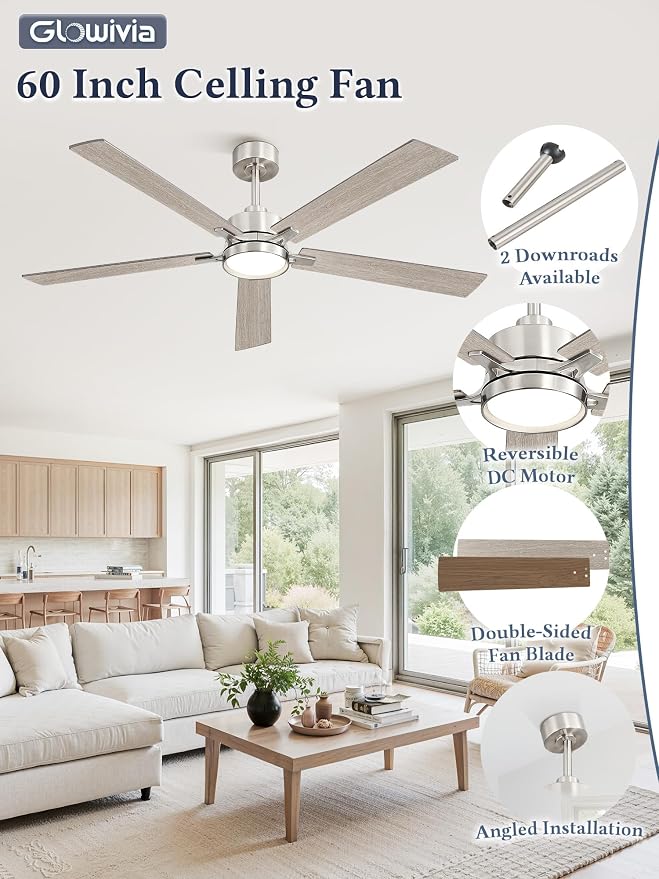60 Inch Ceiling Fan with Lights and Remote, Smart APP Control, Dimmable with All-Setting Memory, Quiet DC Motor Reversible Blades, Damp Rated Modern Ceiling Fan for Bedroom Patio Living Room