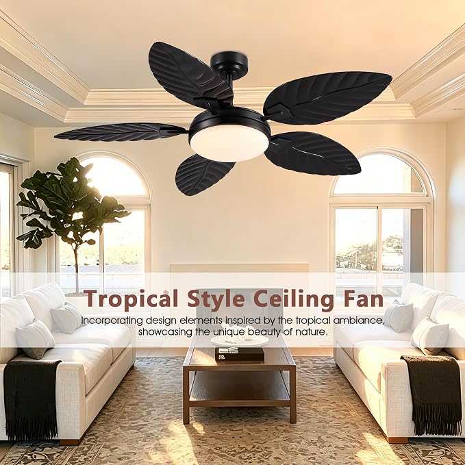 GJeg Tropical Ceiling Fans with Lights and Remote,52Inch Outdoor Palm Leaf Ceiling Fan for Patios Porch Bedroom, Dimmable LED Light, 6 Speeds, Reversible,Black