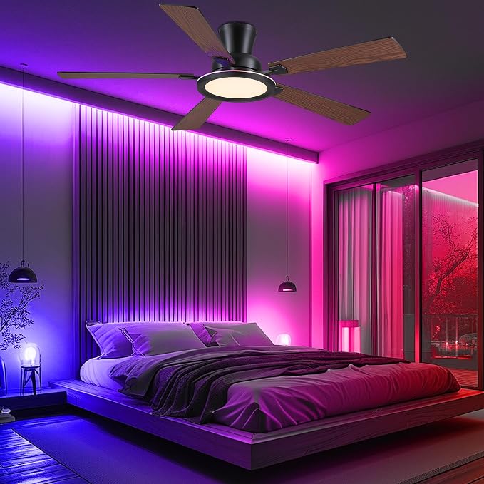 Ayaoty Ceiling Fans with Lights - 52in Flush Mount Ceiling Fan with RGB Dimmable, 3CCT 6 Wind Speeds and Reversible Quiet Motor, Low Profile RGB Fan Light for Modern Indoor, Party - Brown