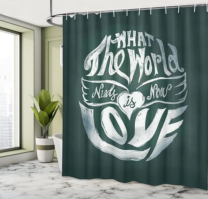 Ambesonne Saying Shower Curtain, What The World Needs Now is Love Lettering Art in Circle Typography Hippie Art, Cloth Fabric Bathroom Decor Set with Hooks, 69" W x 70" L, Emerald White