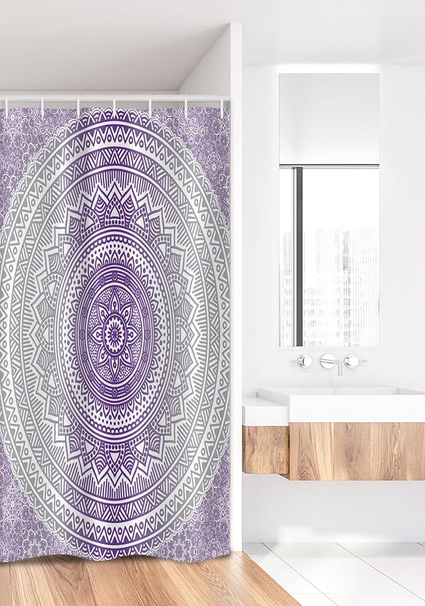 Ambesonne Grey and Purple Stall Shower Curtain, Eastern Traditional of Cosmos Pattern Boho Ombre Mandala Design Print, Fabric Bathroom Decor Set with Hooks, 36" W x 72" L, Purple White