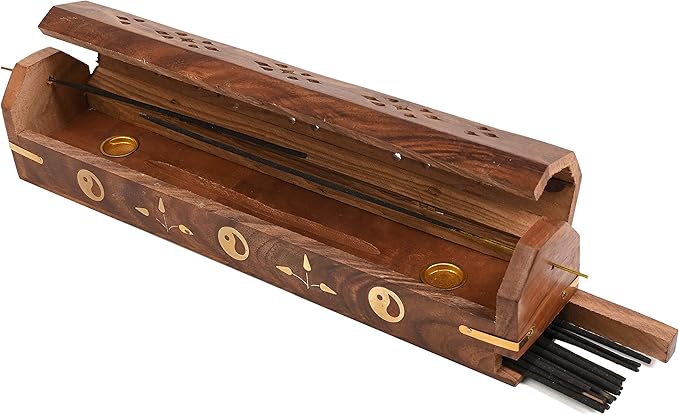 Incense Garden Pack of 2 Incense Stick Holder - Coffin Style - Wood Incense Stick Burner with Ying YANG Inlays (Natural) Handmade with Brass Inlays