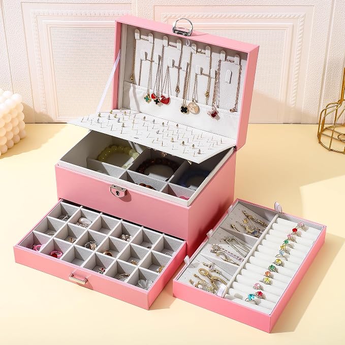BOOVO Large Jewelry Boxes For Women (Pink) | 5 Layers Jewelry Organizer Box With Cosmetic Storage Drawer, Necklace Ring Jewelry Organizer Box