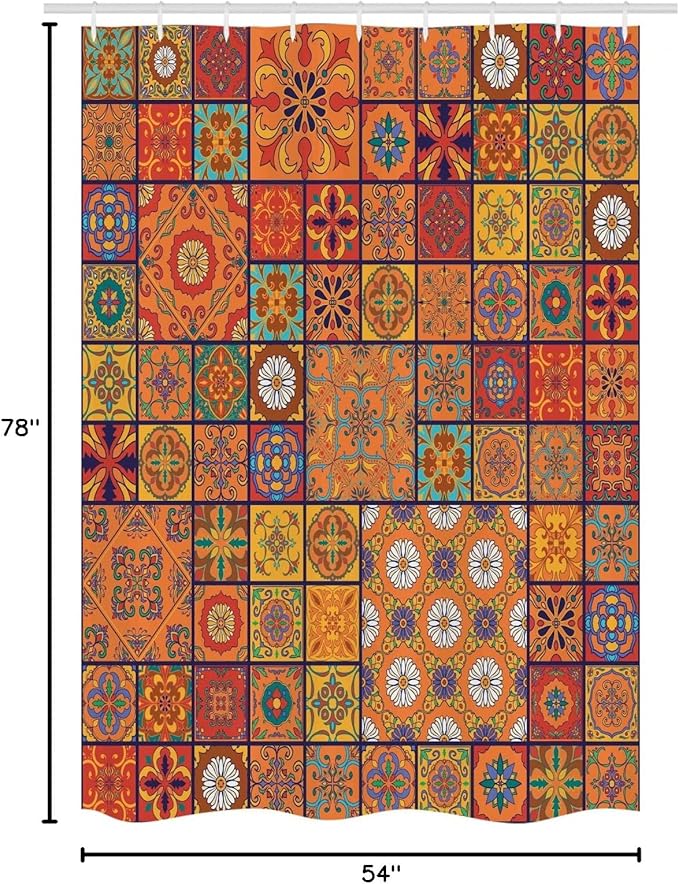 Ambesonne Moroccan Stall Shower Curtain, Group of Moroccan Geometric Patterns Floral Ornamental Patchwork Print, Fabric Bathroom Decor Set with Hooks, 54" W x 78" L, Marigold Orange