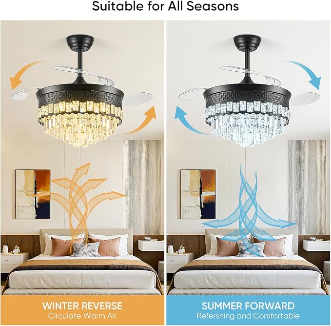 42" Fandelier Ceiling Fan with Lights,Crystal Retractable Ceiling Fan with Light,Chandelier Fans for Bedroom,Living Room,Reverse Motor,6 Speeds,3 Color Temperatures,Remote & APP Control-Black