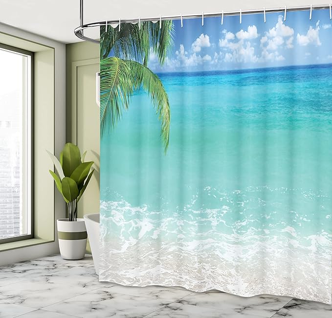 Ambesonne Ocean Shower Curtain, Exotic Lebanon Beach Panoramic Sea View Clean Water and Blue Sky Picture, Cloth Fabric Bathroom Decor Set with Hooks, 69" W x 75" L, Turquoise White