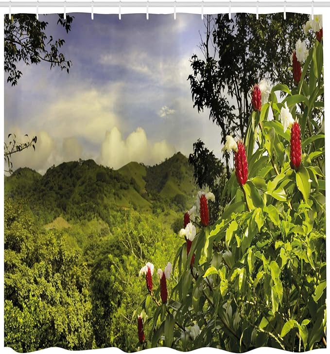 Ambesonne Forest Shower Curtain, Rural Scenery Costa Rica Countryside Greenery Tropic Accents Botanical, Cloth Fabric Bathroom Decor Set with Hooks, 69" W x 70" L, Green Red Violet Blue