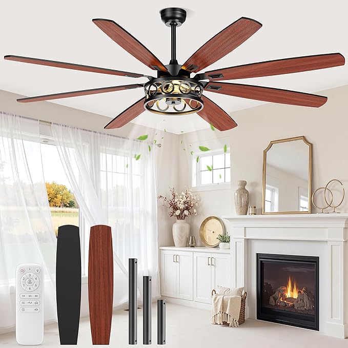 Ceiling Fans with Lights and Remote, 72'' Vintage Caged Ceiling Fan with Light, 8 Blades, 6+1 Speed, Flush Mount Ceiling Fan Whisper-quiet for Farmhouse, Living Room, Kitchen and Porch (72 Inch)