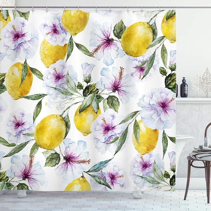Ambesonne Spring Shower Curtain, Hibiscus Flowers and Big Lemons Watercolor Paint Print Farmhouse Vibe, Cloth Fabric Bathroom Decor Set with Hooks, 69" W x 70" L, Multicolor Yellow Green
