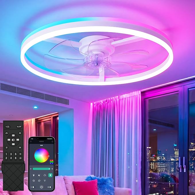 NIORSUN RGB Ceiling Fans with Lights and Remote, Modern Smart LED Ceiling Fans Light, 6 Speeds & 3000K-6500K Dimmable, Quiet Bladeless Fandelier Ceiling Fan with Light for Bedroom (24Inch,White)