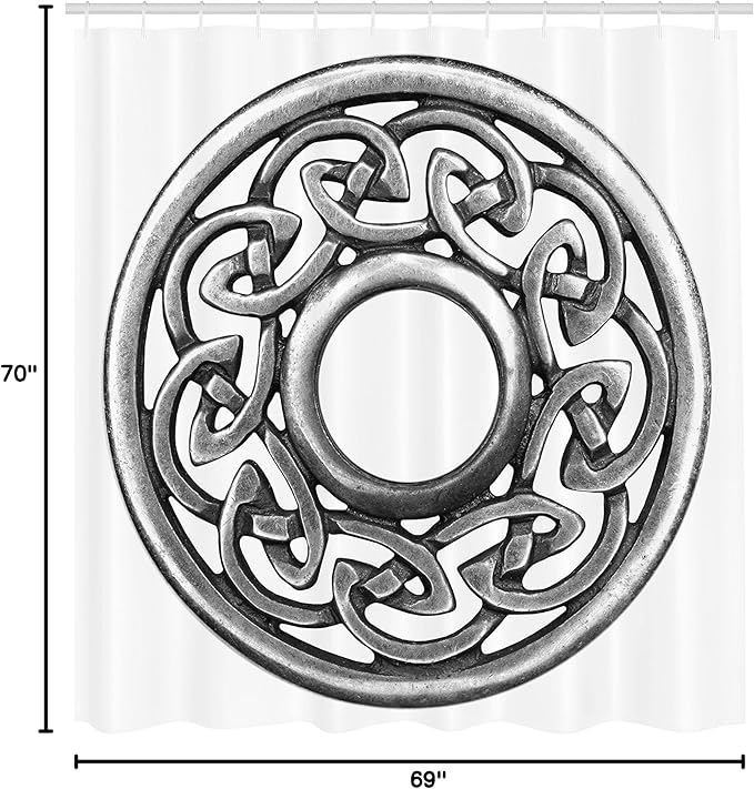 Ambesonne Celtic Shower Curtain, Royal Style Circular Brooch Design Antique Traditional Scottish Motif Print, Cloth Fabric Bathroom Decor Set with Hooks, 69" W x 70" L, Grey and White
