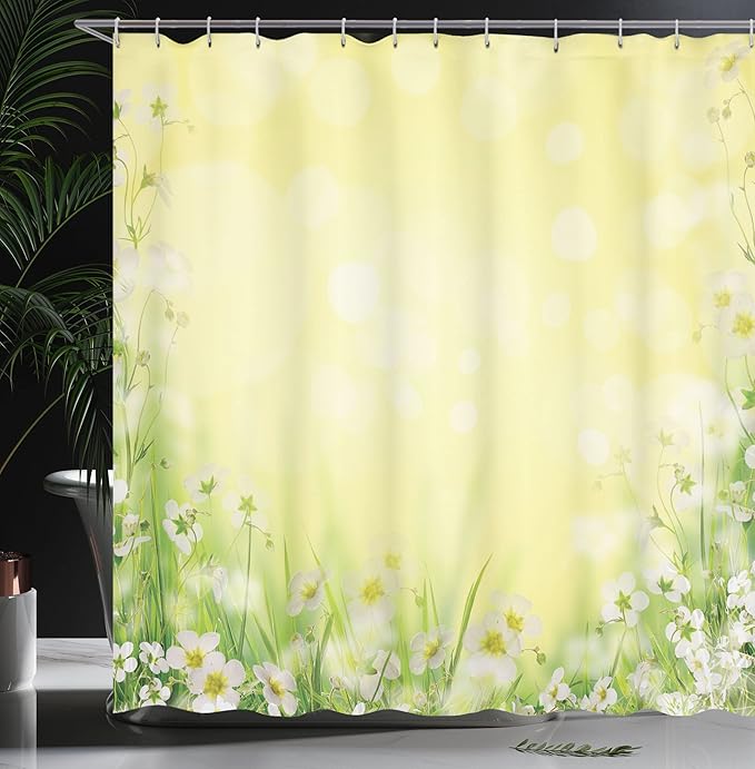 Ambesonne Flower Shower Curtain, Flowering Field with Fresh Grass Soft Springtime Pale Colored Blurred Image, Cloth Fabric Bathroom Decor Set with Hooks, 69" W x 70" L, Yellow Green
