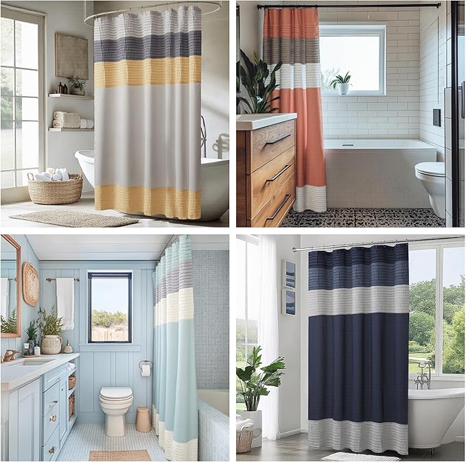 Madison Park Amherst Bathroom Shower Curtain Faux Silk Pieced Striped Modern Microfiber Bath Curtains, 72x72 Inches, Natural