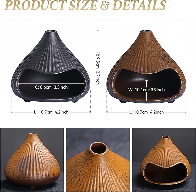 Retro Ceramic Palo Santo Holder, Sage Smudge Burner, Mini Fireplace Mount Fuji Chimney Incense Ash Catcher, Boho Zen Meditation Home Decor Gift (Rustic Brown)