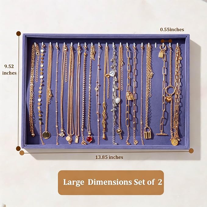 Large Velvet Jewelry Tray 2 Pack Stackable Jewelry Display Drawer Inserts Trays Organizer for Earring Bracelet Necklace Ring (Purple, 20 Hooks)