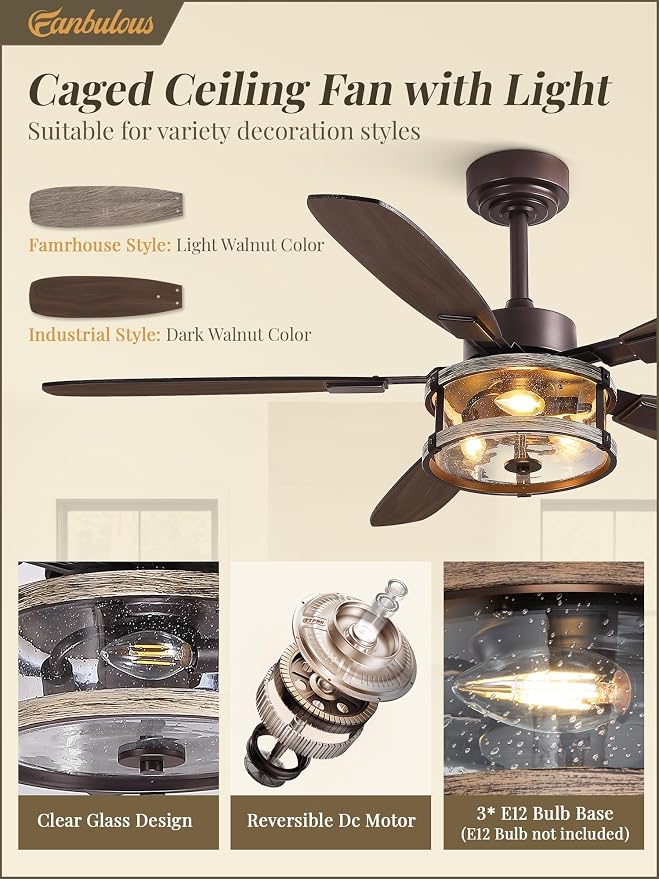 Fanbulous Farmhouse Ceiling Fan with Light and Remote, 52" Black Rustic Flush Mount Ceiling Fans for Bedroom Living Room, Industrial Caged Ceiling Fan for 6 Speed Reversible Motor, 5 Dual Blades